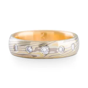 Elegant Mokume Gane Ring or Wedding Band in Flare Palette and Twist Pattern with Flush Set Diamonds