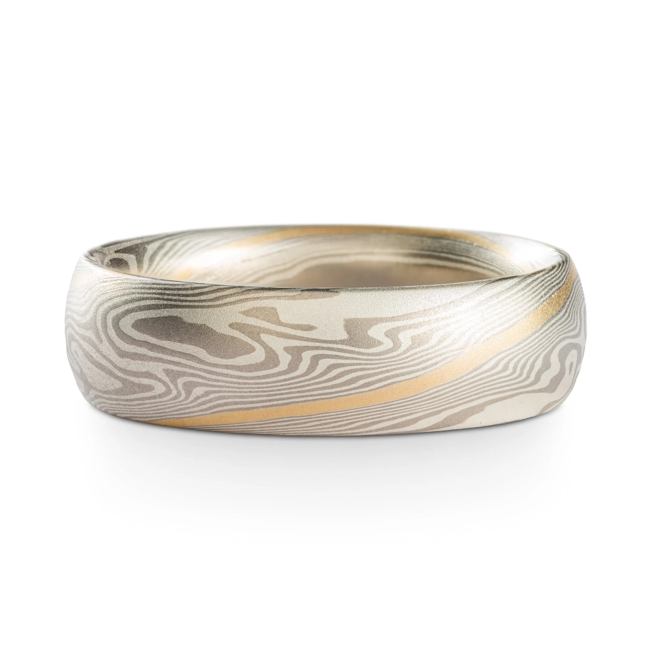 Elegant Mokume Gane Ring or Wedding Band in Twist Pattern and Ash Palette with Yellow Gold Stratum