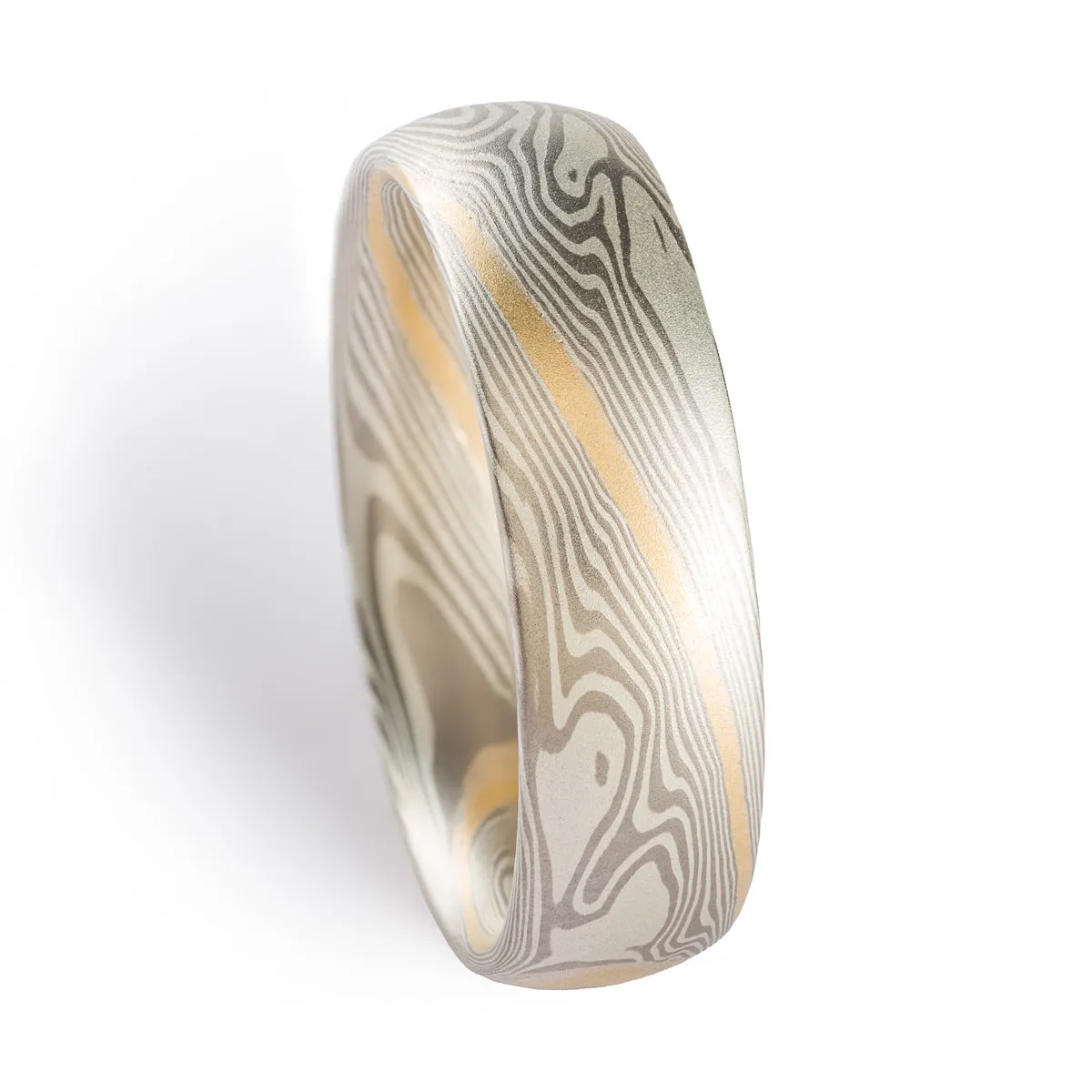 Elegant Mokume Gane Ring or Wedding Band in Twist Pattern and Ash Palette with Yellow Gold Stratum