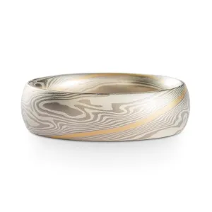 Elegant Mokume Gane Ring or Wedding Band in Twist Pattern and Ash Palette with Yellow Gold Stratum