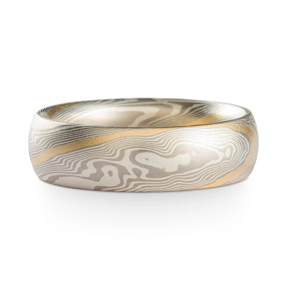 Elegant Mokume Gane Ring or Wedding Band in Twist Pattern and Ash Palette with Yellow Gold Stratum