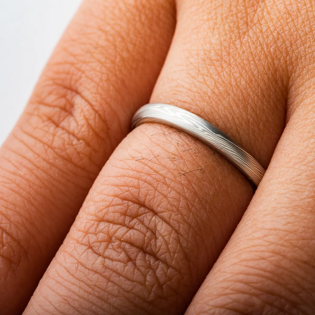 Elegant Mokume Gane Rings or Wedding Band Set in Twist Pattern and Ash Palette