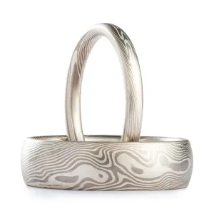 Elegant Mokume Gane Rings or Wedding Band Set in Twist Pattern and Ash Palette