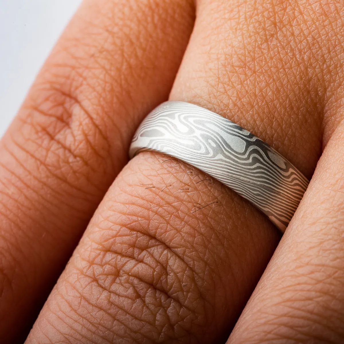 Elegant Mokume Gane Rings or Wedding Band Set in Twist Pattern and Ash Palette