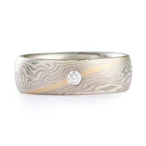 Elegant Mokume Wedding Band in Smoke Palette and Twist Pattern with Diamond