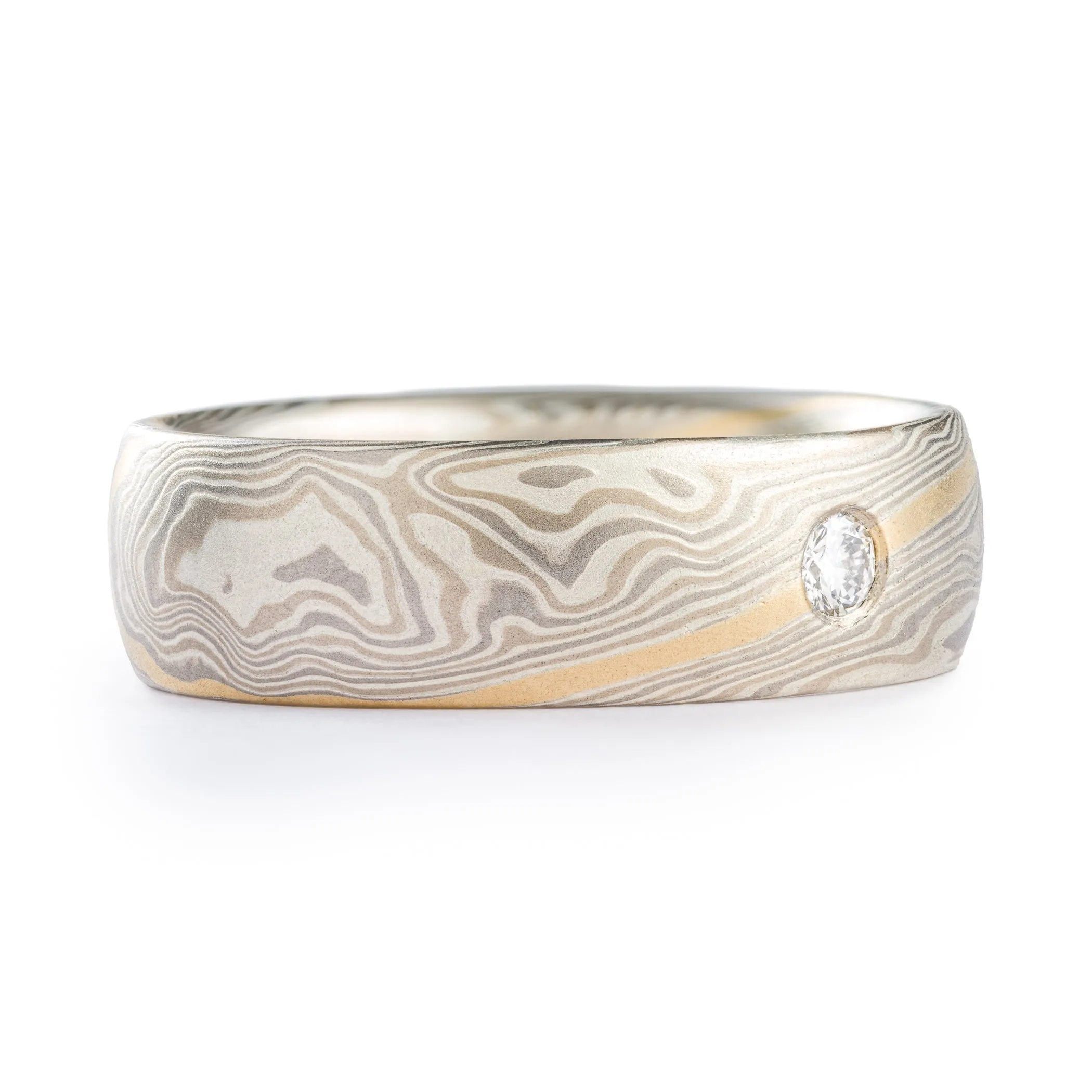 Elegant Mokume Wedding Band in Smoke Palette and Twist Pattern with Diamond