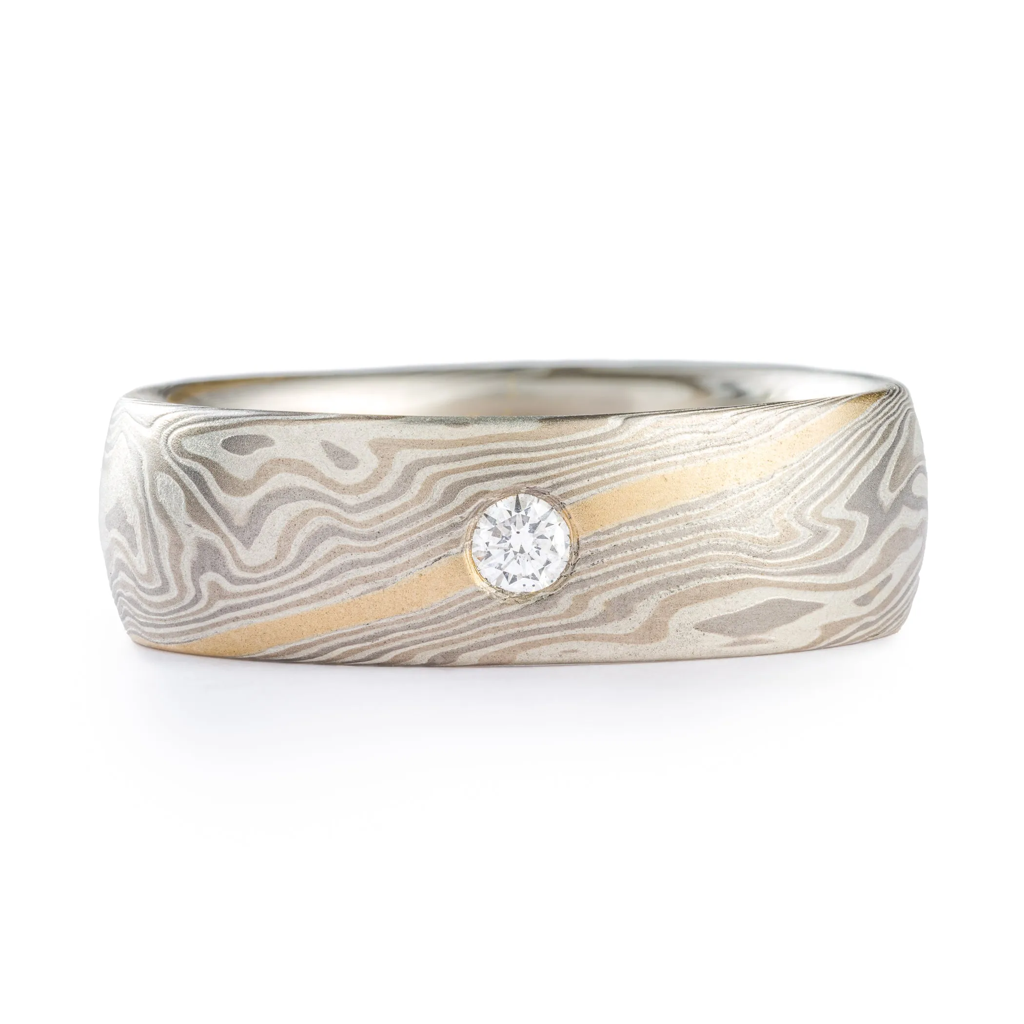 Elegant Mokume Wedding Band in Smoke Palette and Twist Pattern with Diamond