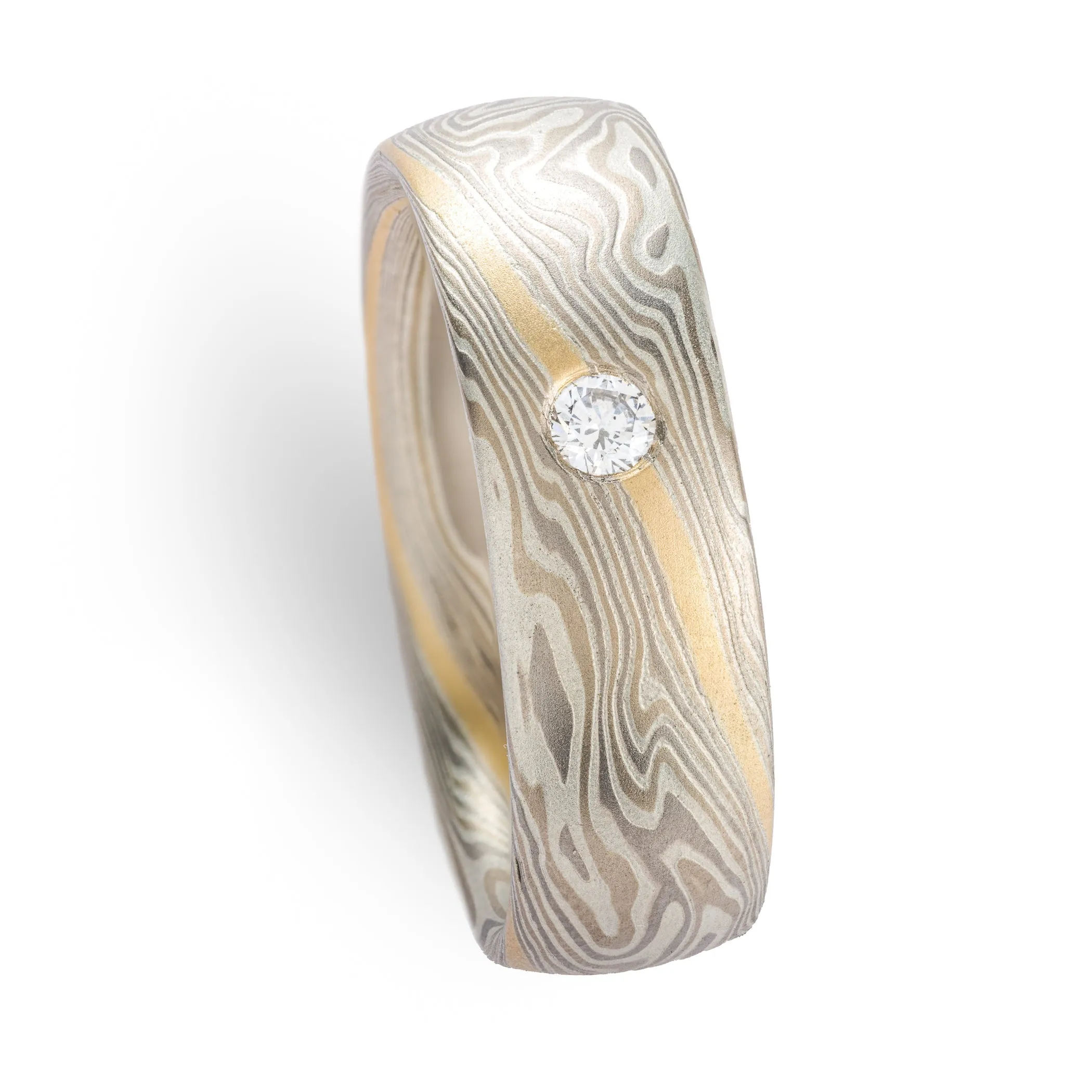 Elegant Mokume Wedding Band in Smoke Palette and Twist Pattern with Diamond