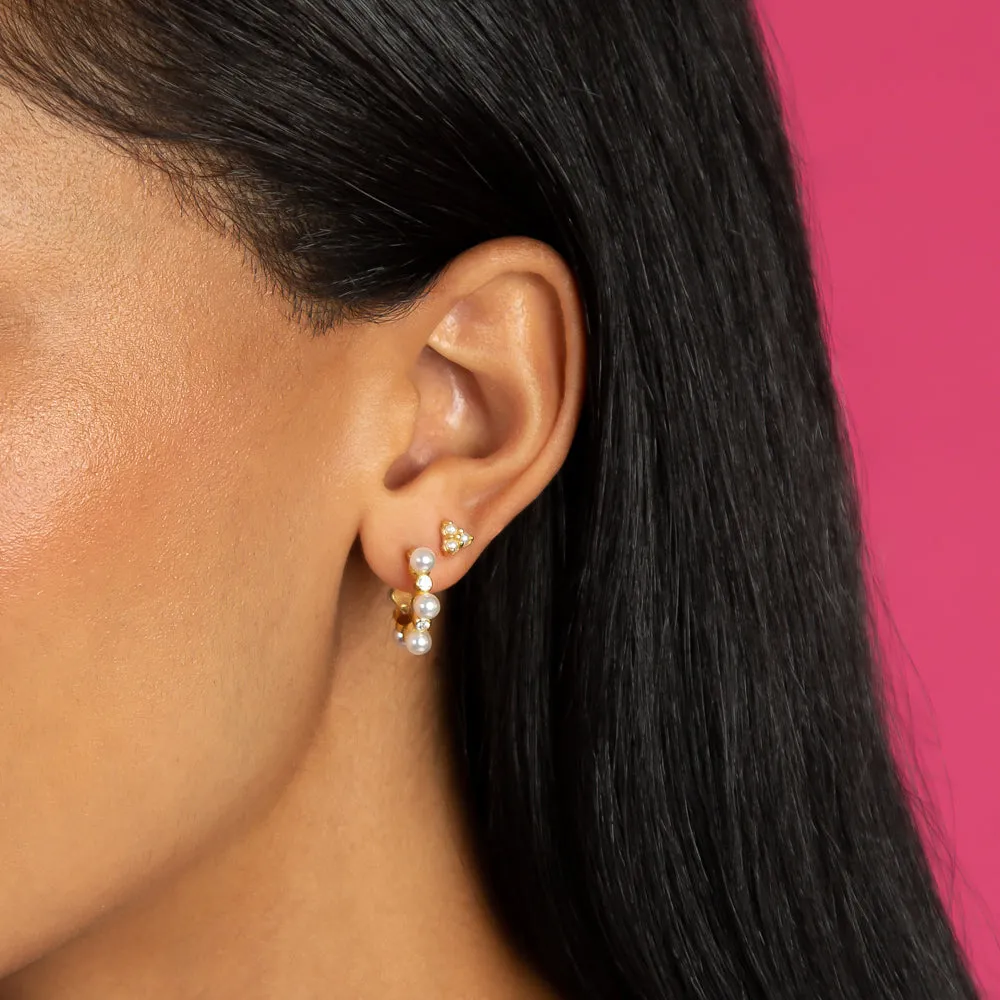 Embedded Pearl X CZ Hoop Earring