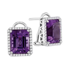 Emerald Amethyst Stud Diamond Accent Earrings in 14K White Gold