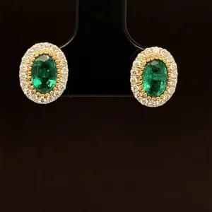 Emerald & Diamond 1.16cw Oval Milgrain Stud Earrings in 18k Two-Tone Gold - #396 - EREME027814