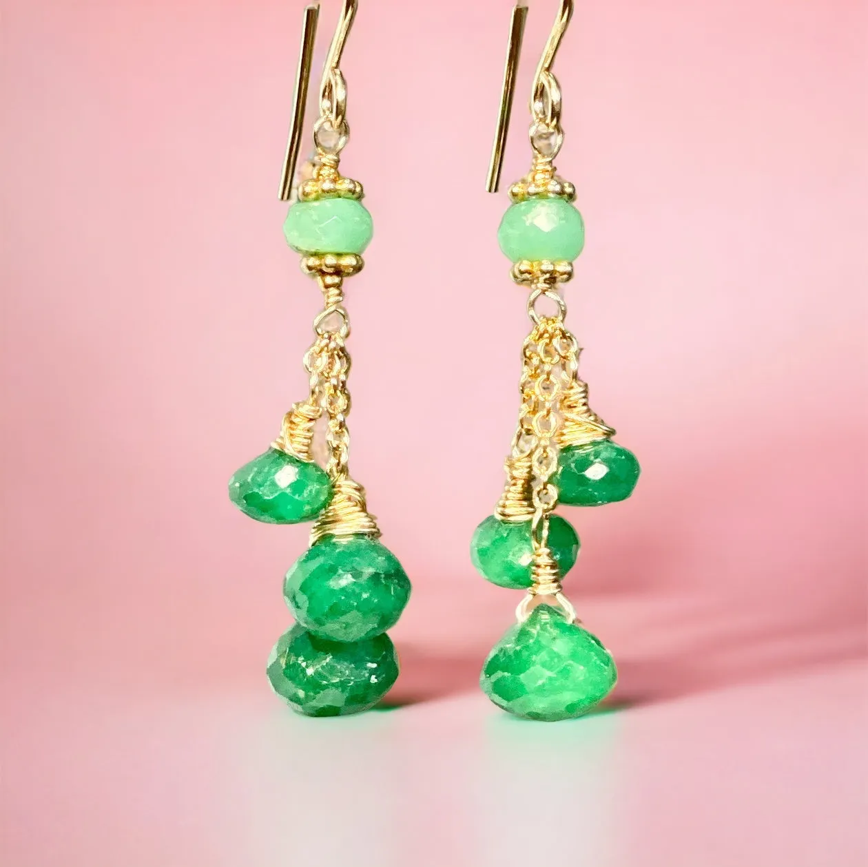 Emerald and Chrysoprase Dangle Earrings in Gold Fill