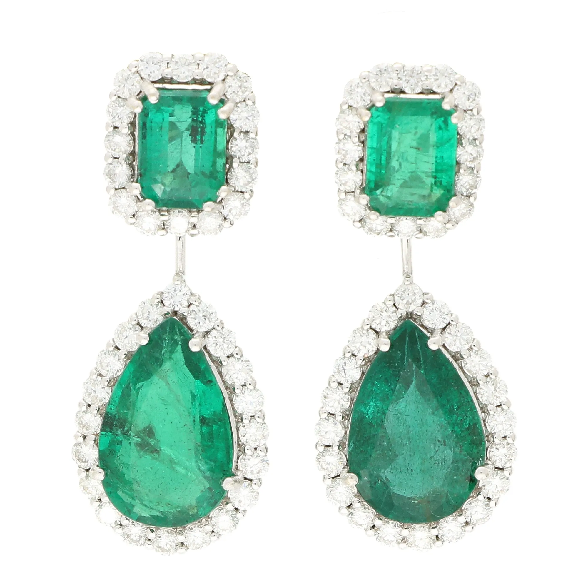 Emerald and Diamond Double Cluster Drop Earrings