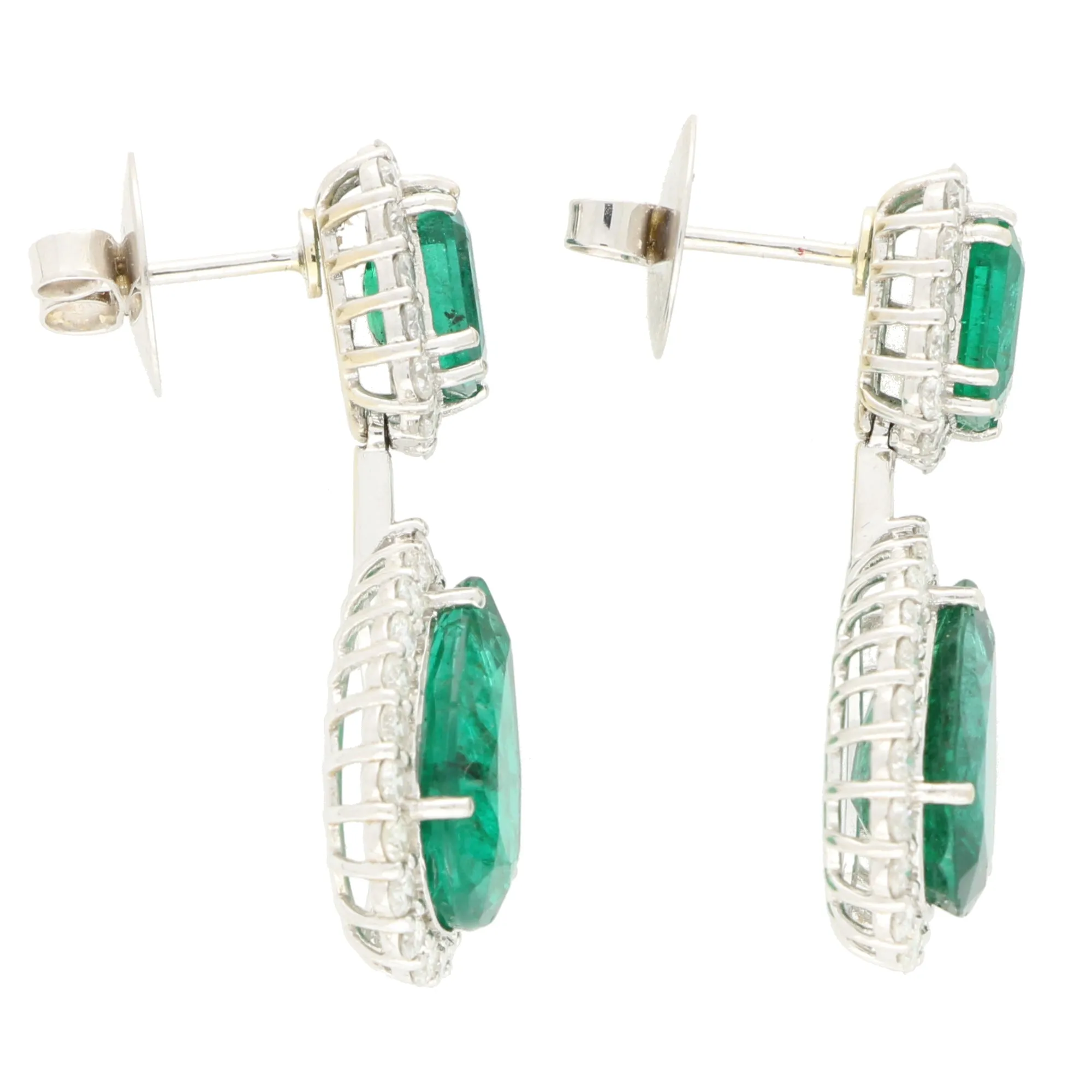 Emerald and Diamond Double Cluster Drop Earrings