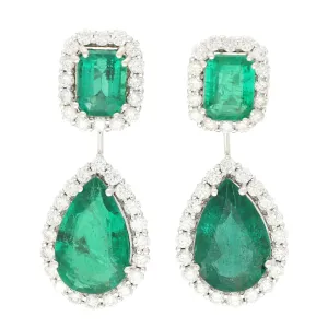Emerald and Diamond Double Cluster Drop Earrings