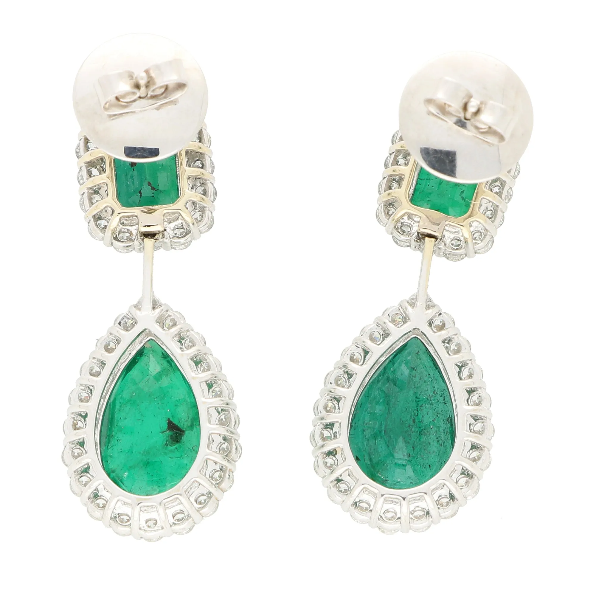 Emerald and Diamond Double Cluster Drop Earrings