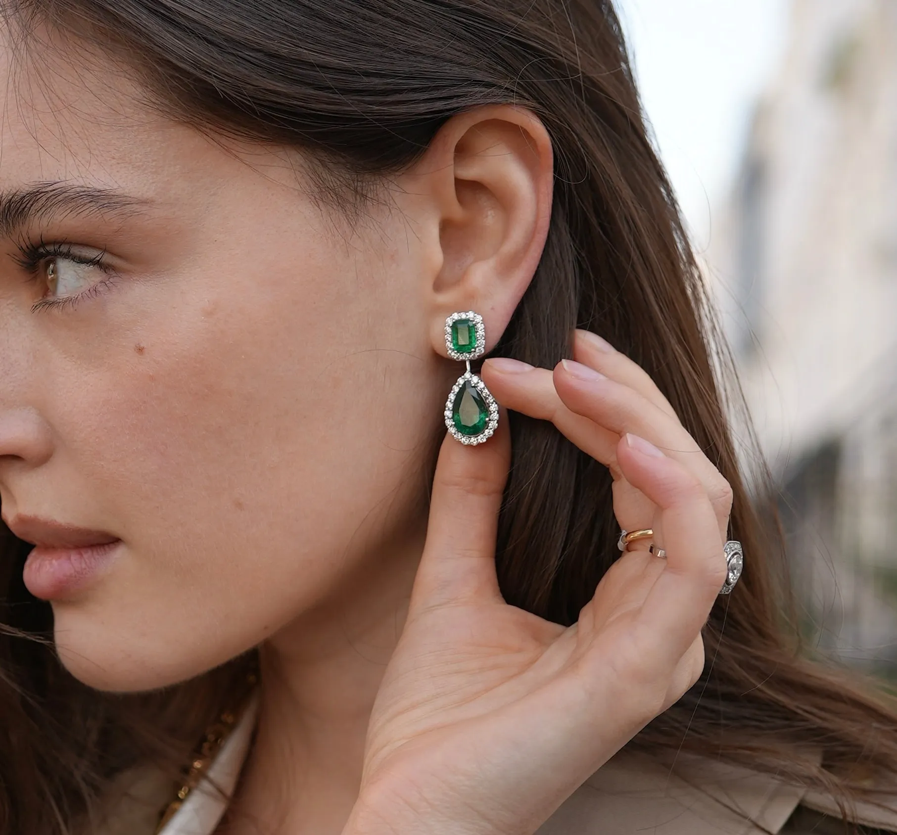 Emerald and Diamond Double Cluster Drop Earrings