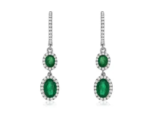 Emerald and Diamond Double Oval Design Dangle Earrings