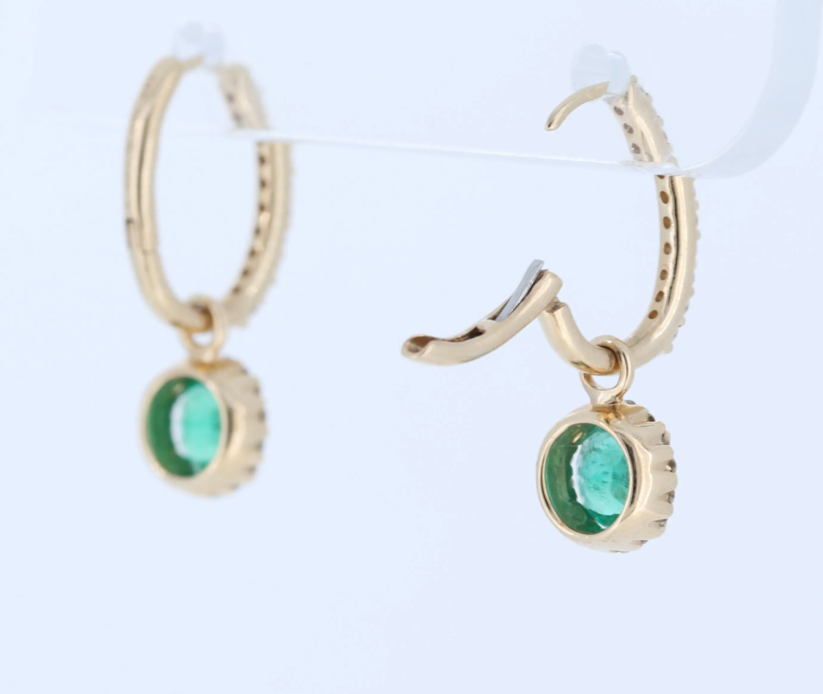 Emerald And Diamond Halo Drop Earrings With Detachable Backs In 14Kt Yellow Gold
