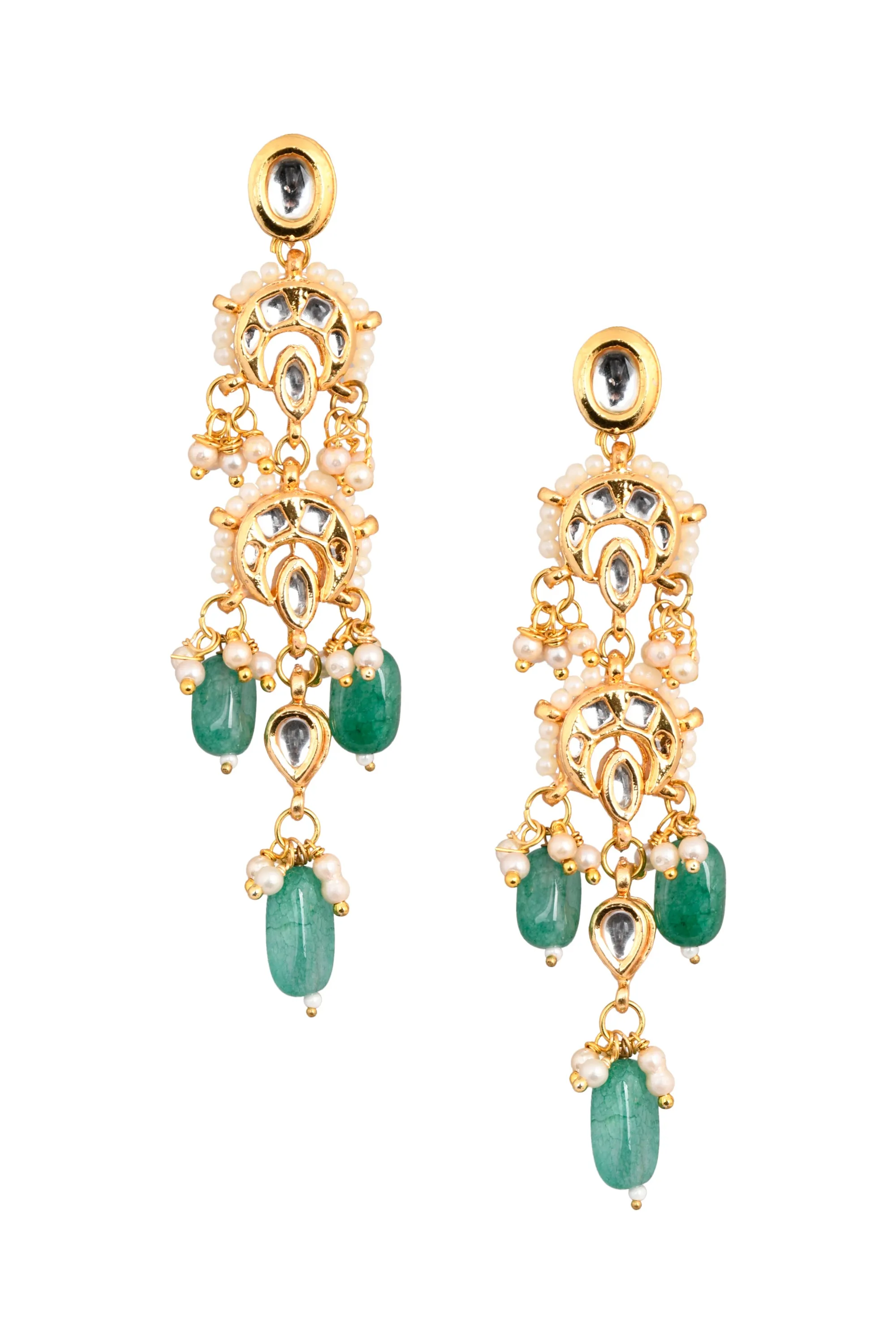 Emerald Beaded Gold Toned Kundan Earrings