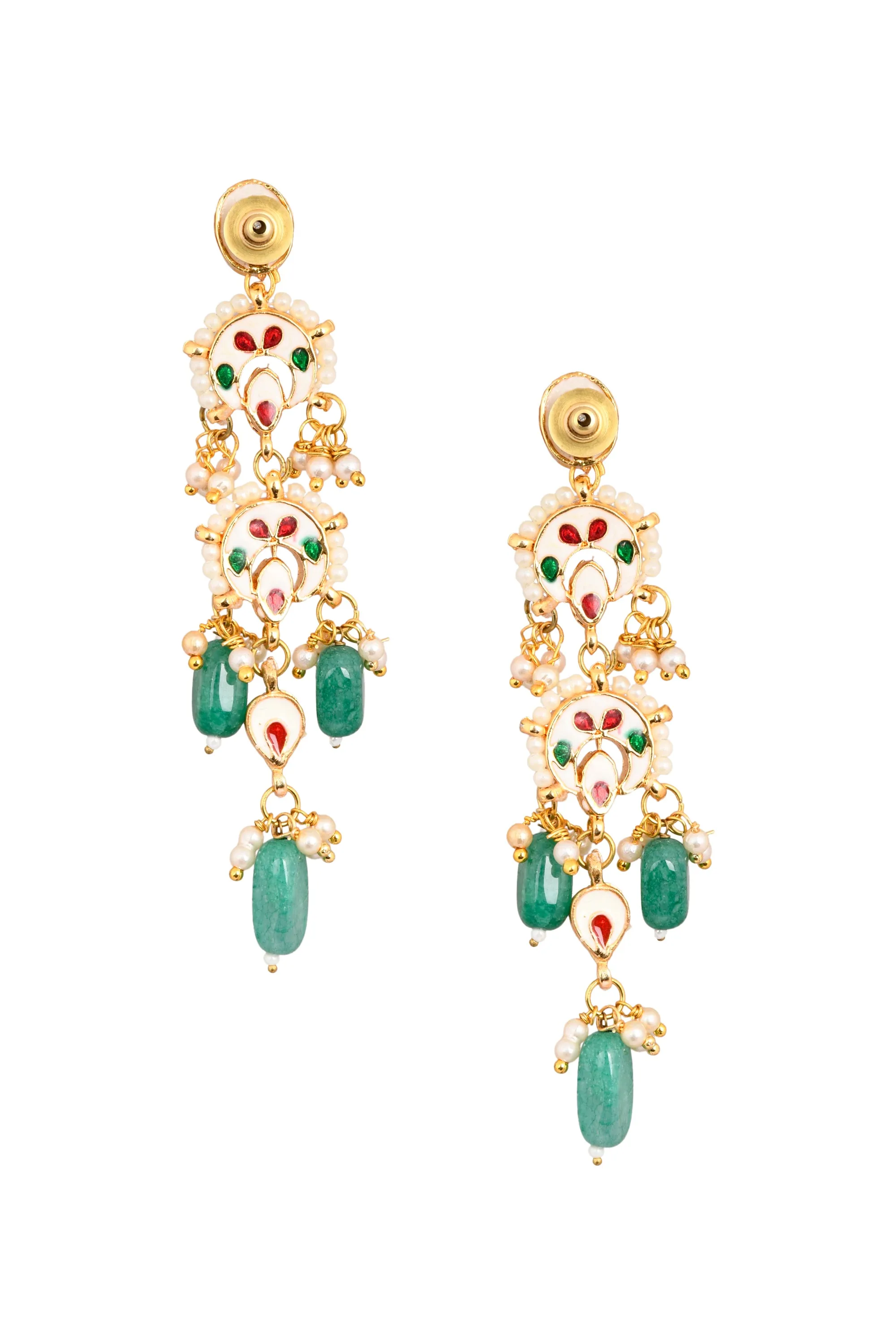 Emerald Beaded Gold Toned Kundan Earrings