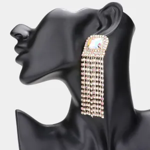 Emerald Cut AB Stone Accented Rhinestone Fringe Pageant Earrings on Gold | Prom Earrings |  589200