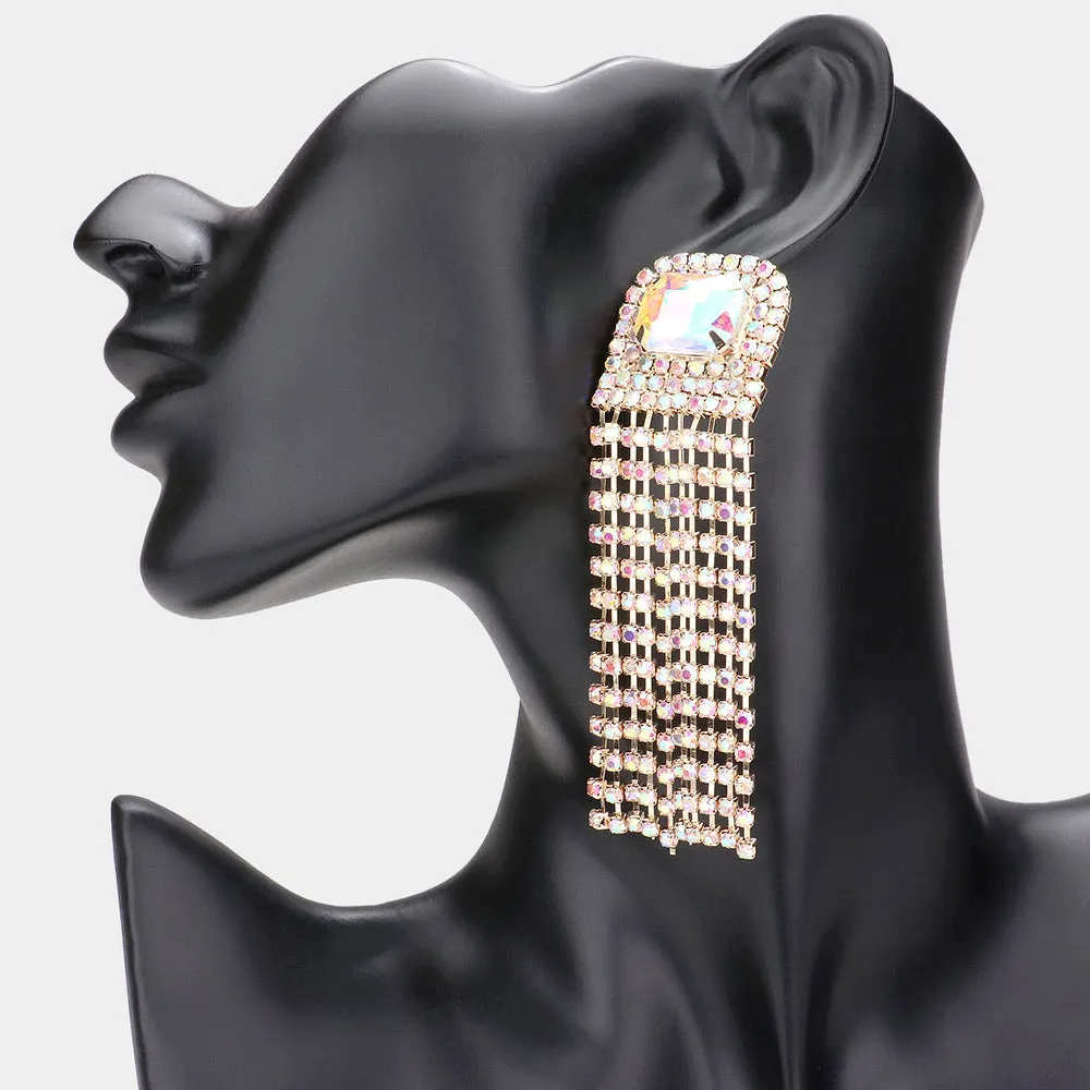Emerald Cut AB Stone Accented Rhinestone Fringe Pageant Earrings on Gold | Prom Earrings |  589200