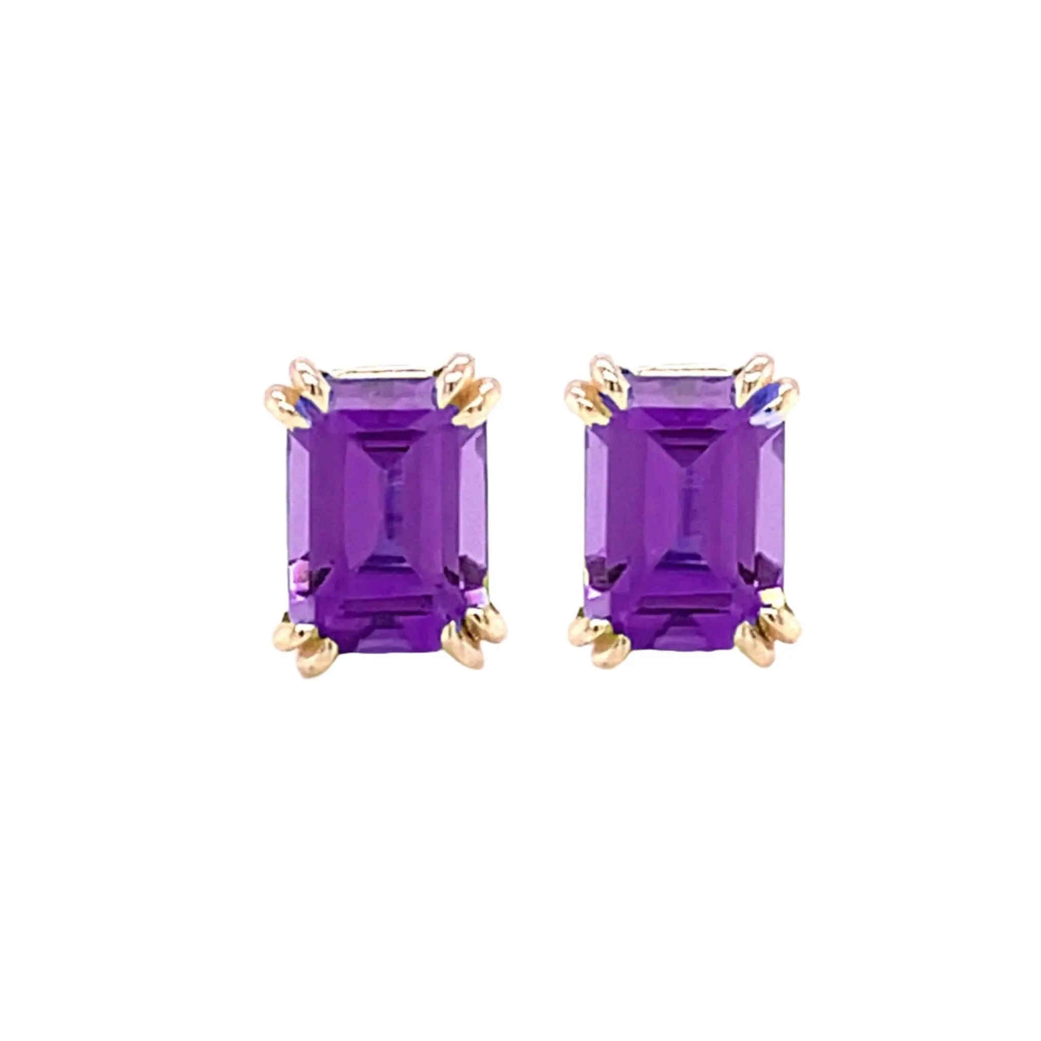 Emerald Cut Amethyst Stud Earrings in 14K Gold | Natural Amethyst Earrings with Double Claw Prongs