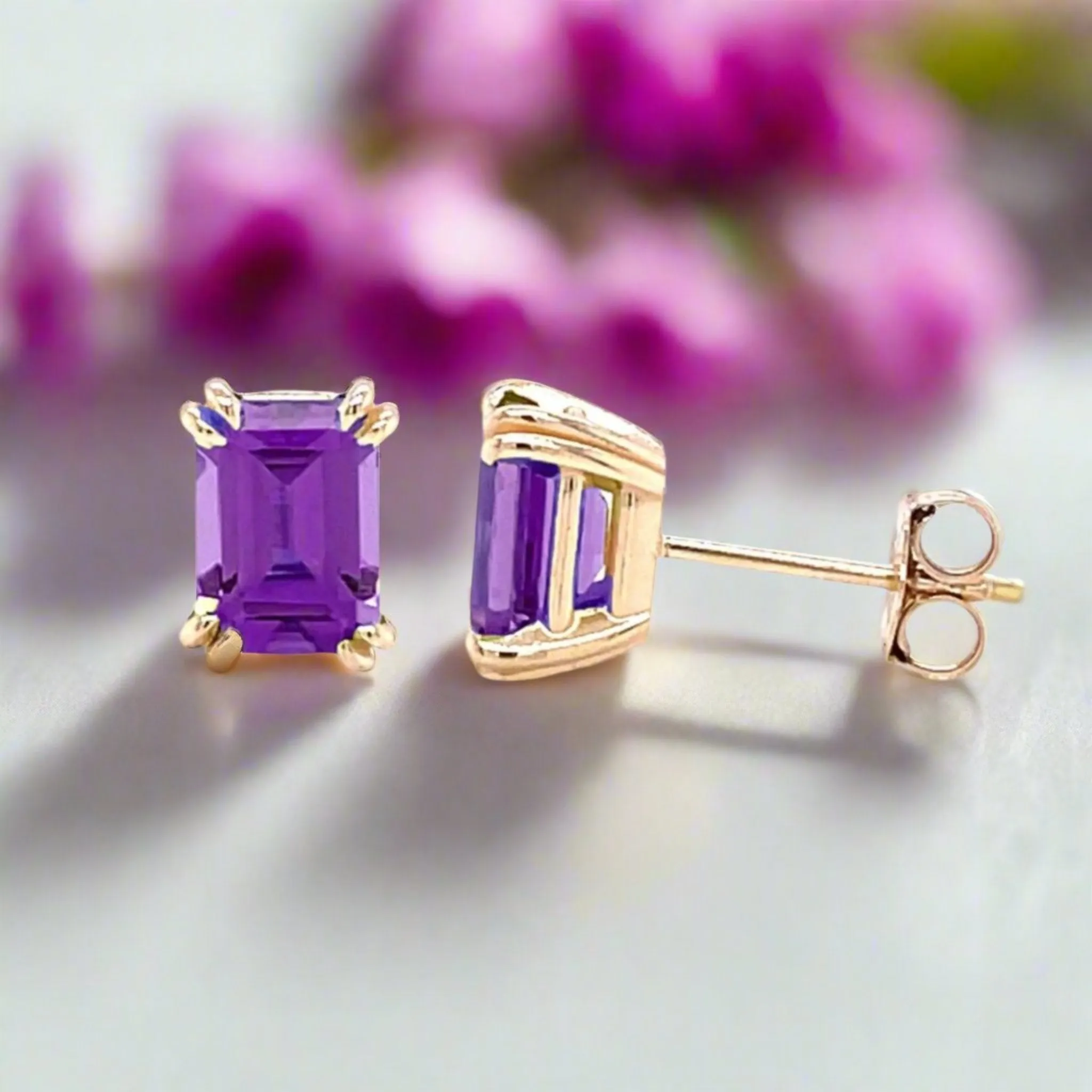 Emerald Cut Amethyst Stud Earrings in 14K Gold | Natural Amethyst Earrings with Double Claw Prongs
