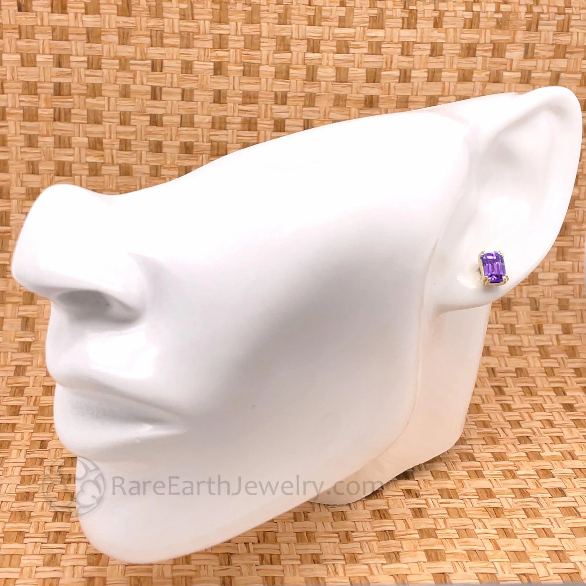 Emerald Cut Amethyst Stud Earrings in 14K Gold | Natural Amethyst Earrings with Double Claw Prongs