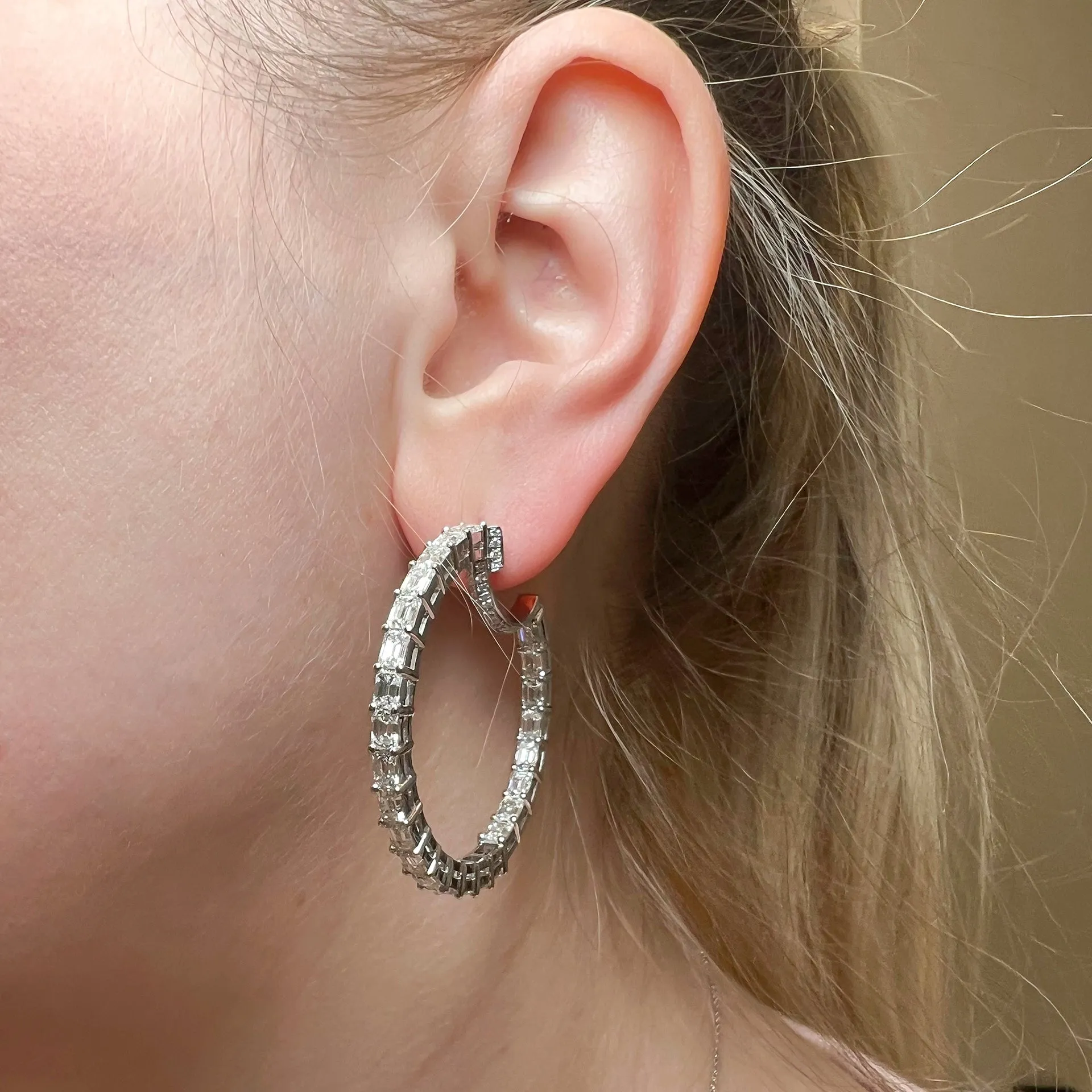 Emerald Cut Hoop Earrings in 18k White Gold