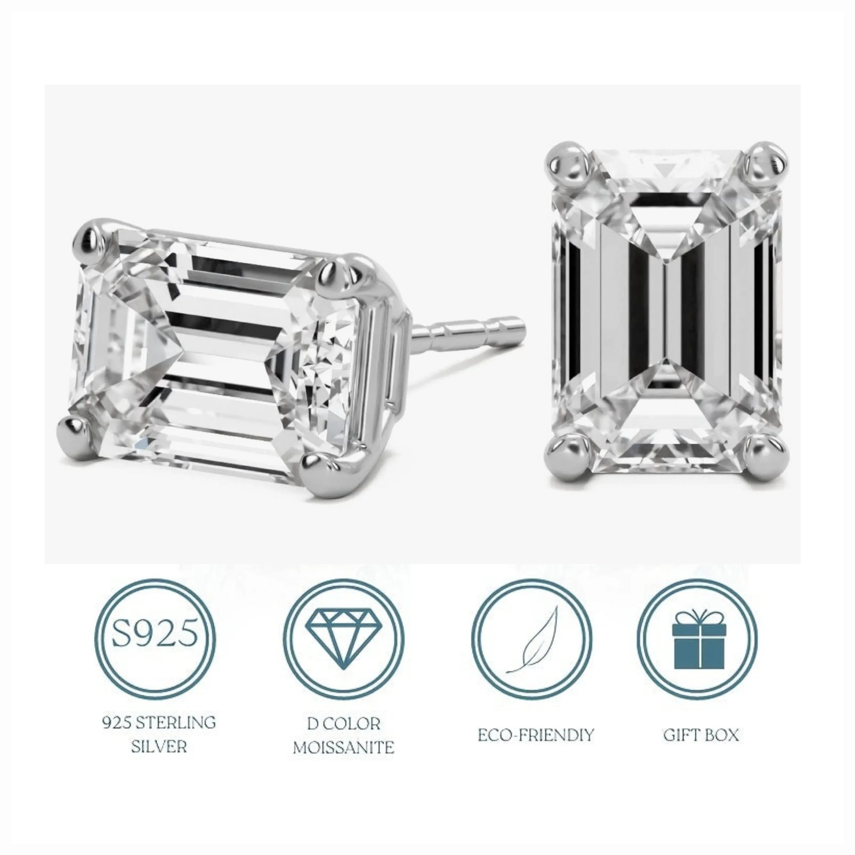 Emerald Cut Lab-Created Moissanite Sterling Silver Stud Earrings - M200039