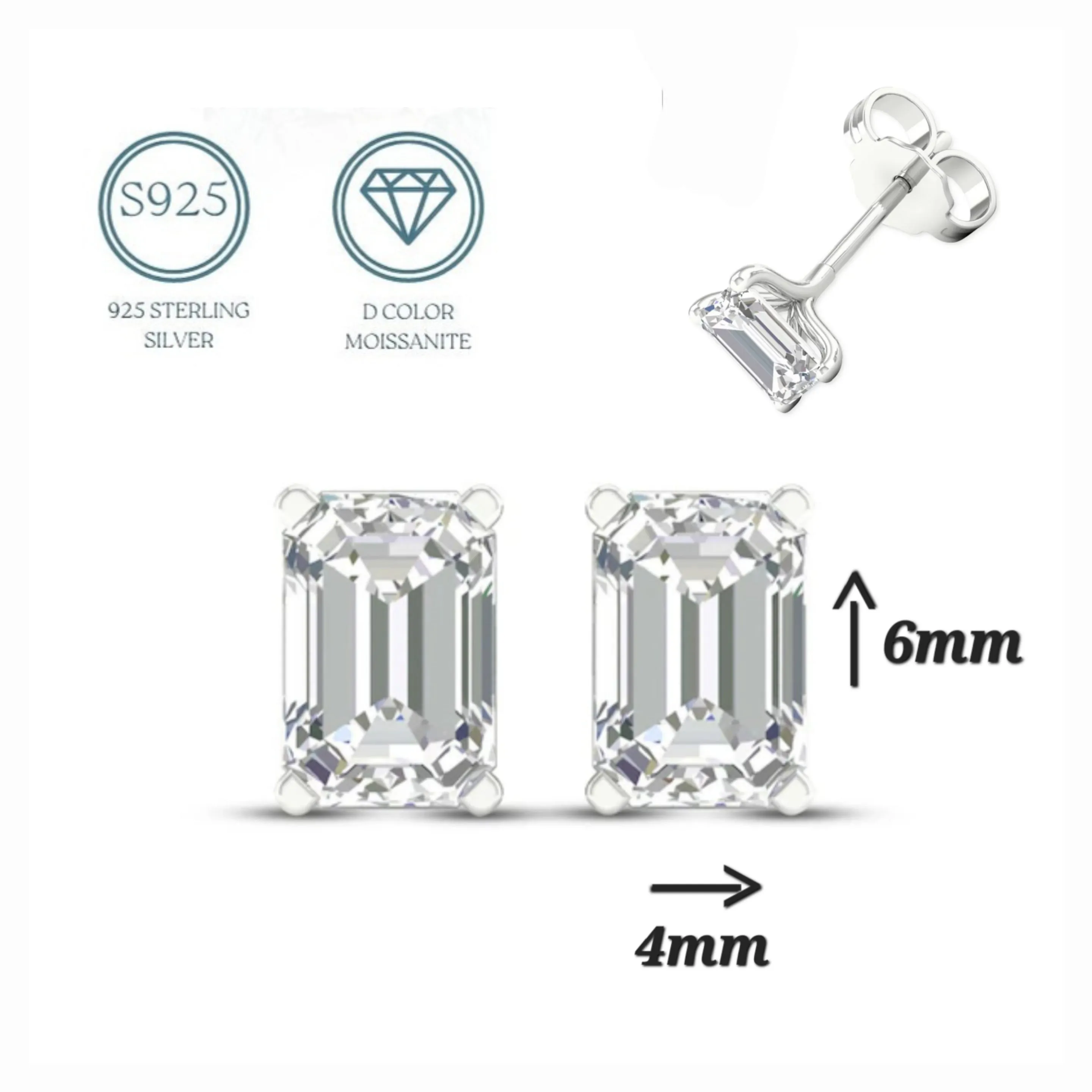 Emerald Cut Lab-Created Moissanite Sterling Silver Stud Earrings - M200039