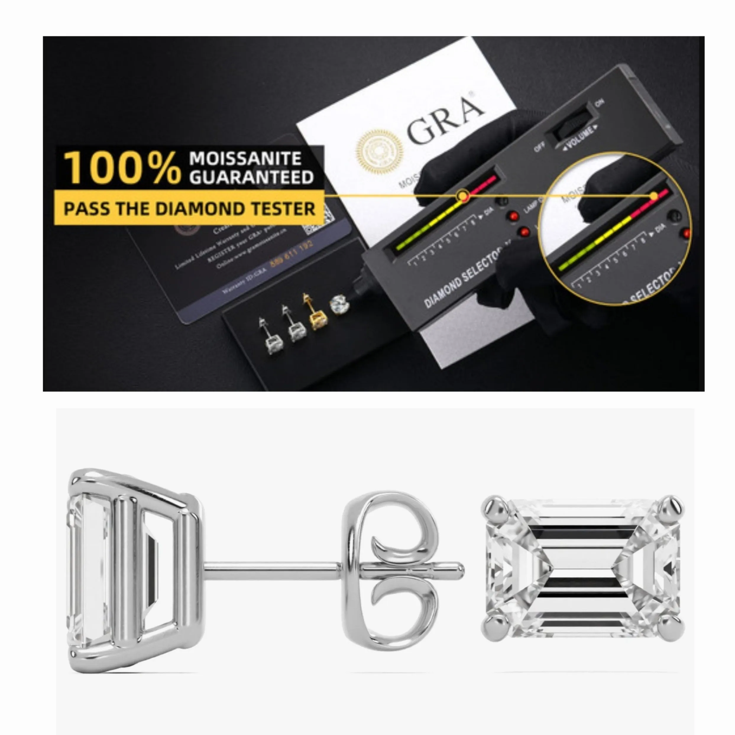 Emerald Cut Lab-Created Moissanite Sterling Silver Stud Earrings - M200039