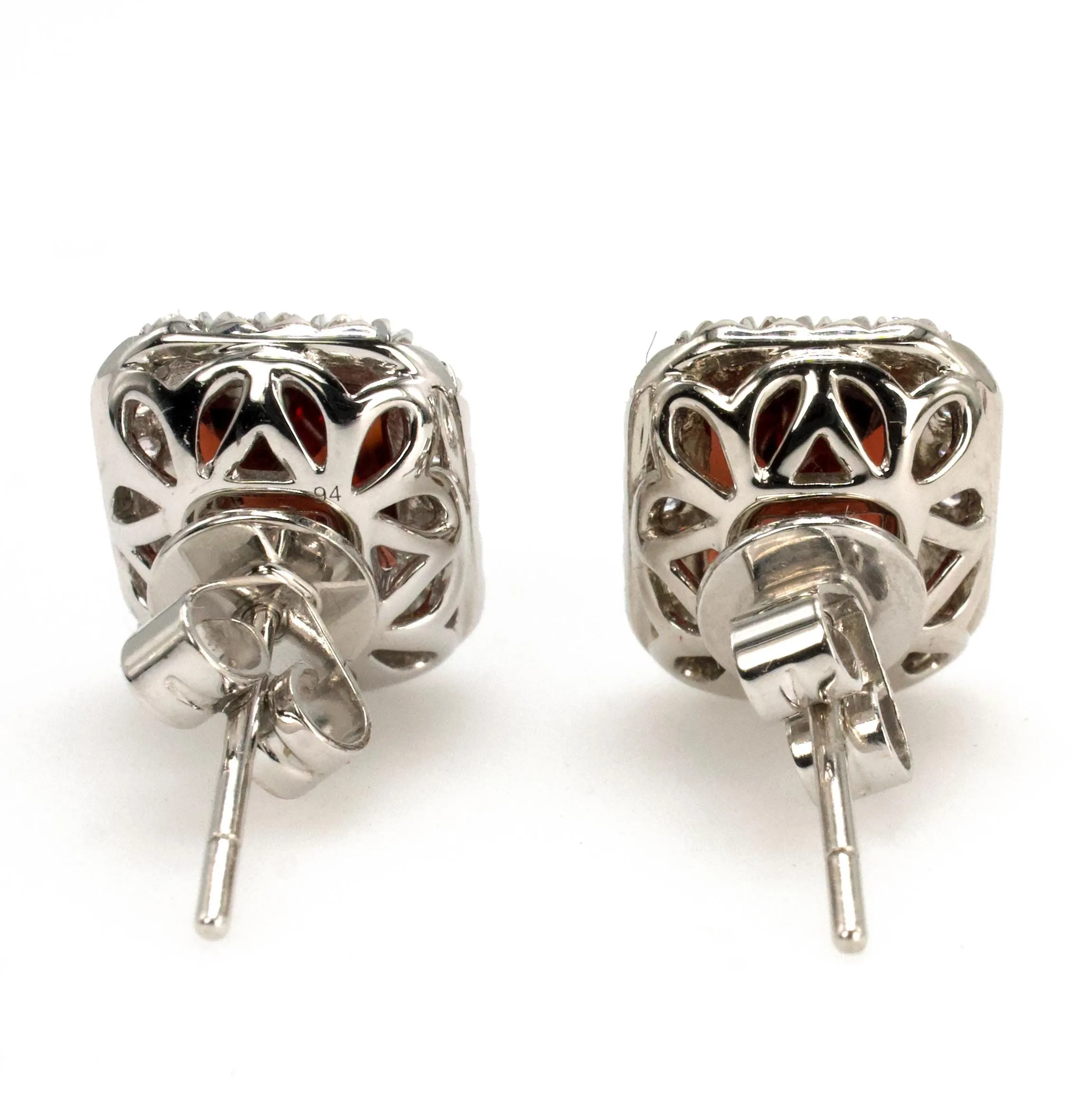 Emerald Cut Red Garnet Stud Earrings with Diamond Halo