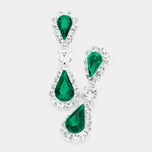Emerald Double Teardrop Rhinestone Accented Small Pageant Earrings | Little Girl Earrings |  512674