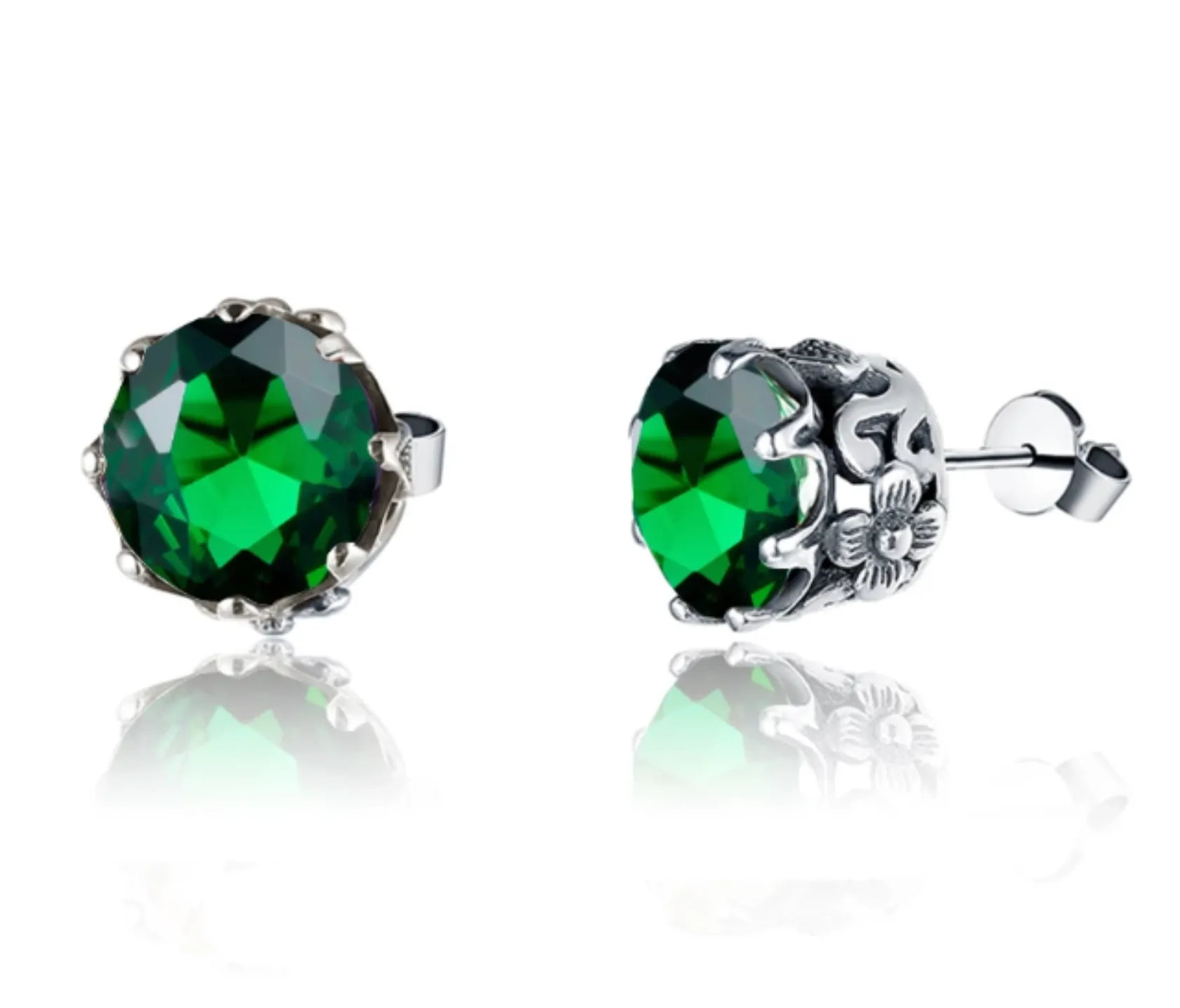 Emerald Earrings, Round Daisy Stud Earrings, Sterling Silver Vintage Filigree Jewelry, E66