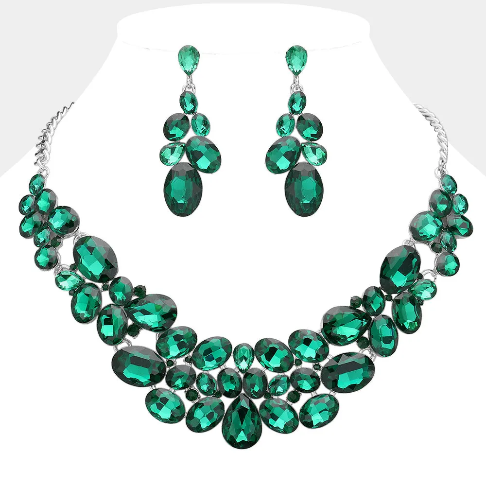 Emerald Multi Stone Bubble Cluster Prom Necklace Set  | Evening Necklace with Earrings |  636320