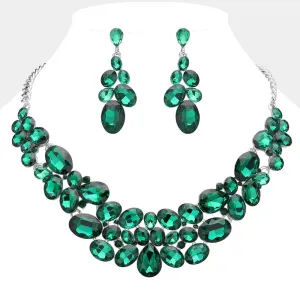 Emerald Multi Stone Bubble Cluster Prom Necklace Set  | Evening Necklace with Earrings |  636320