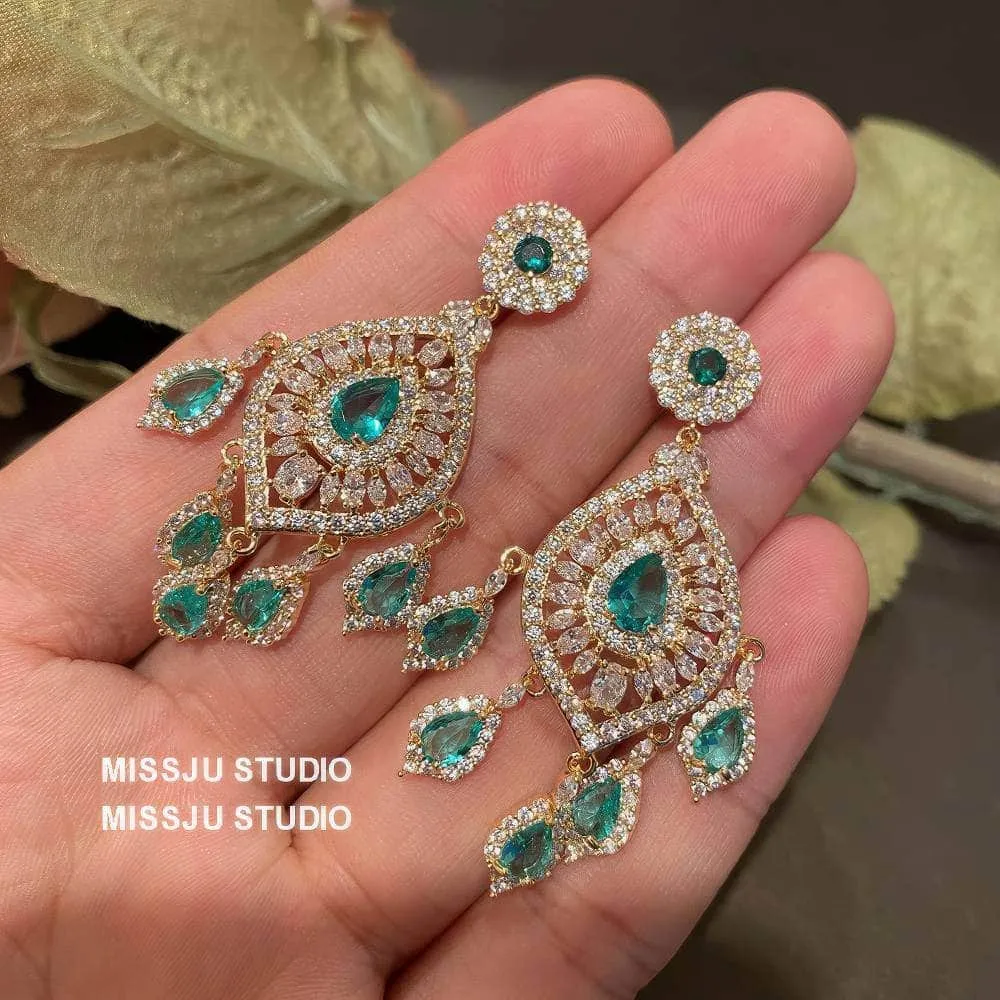 Emerald Rhinestone Chandelier Tassel Earrings