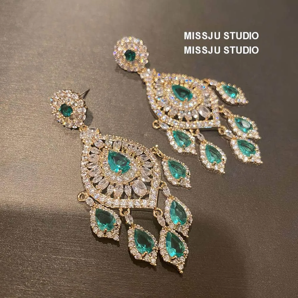 Emerald Rhinestone Chandelier Tassel Earrings