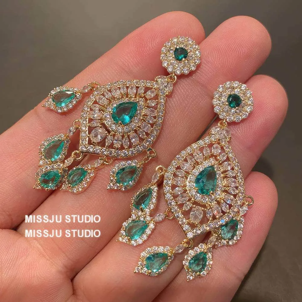 Emerald Rhinestone Chandelier Tassel Earrings