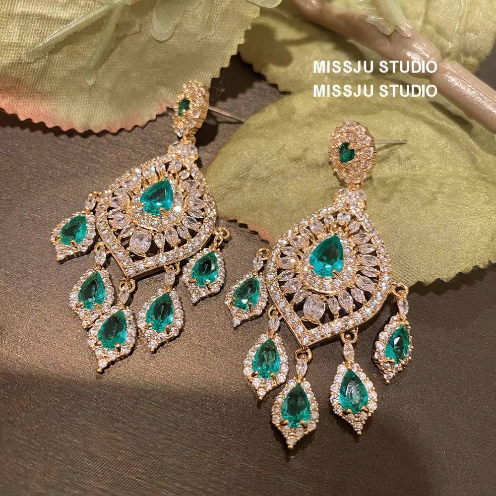 Emerald Rhinestone Chandelier Tassel Earrings