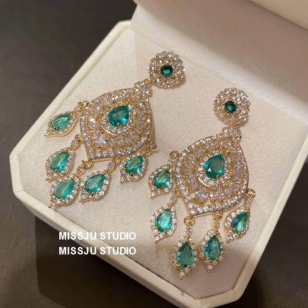 Emerald Rhinestone Chandelier Tassel Earrings