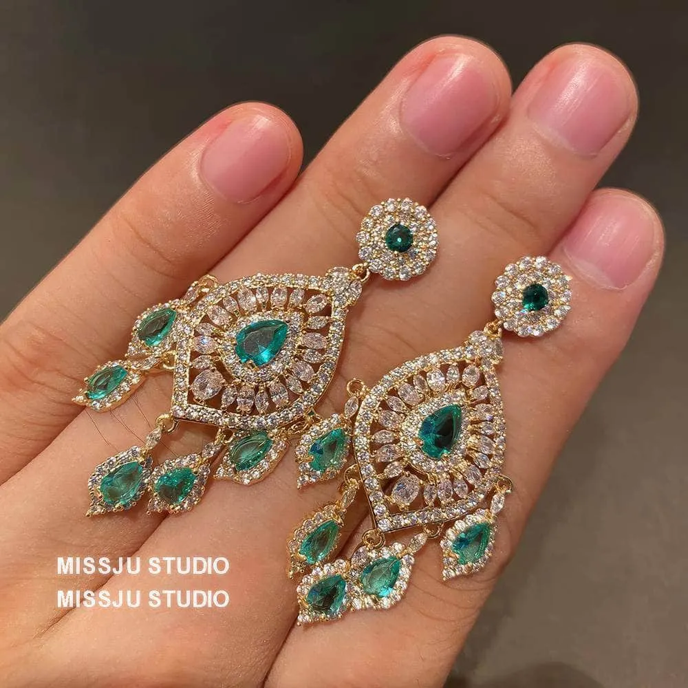 Emerald Rhinestone Chandelier Tassel Earrings