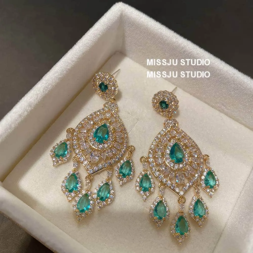 Emerald Rhinestone Chandelier Tassel Earrings