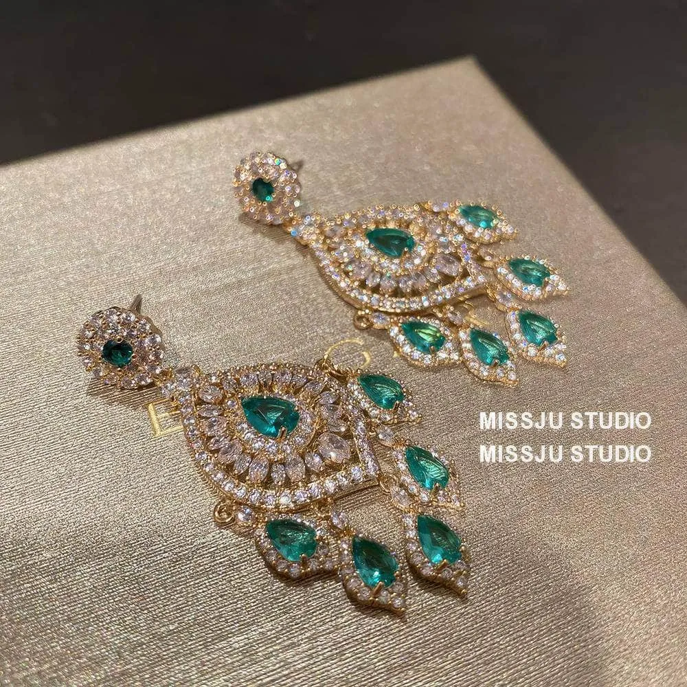 Emerald Rhinestone Chandelier Tassel Earrings