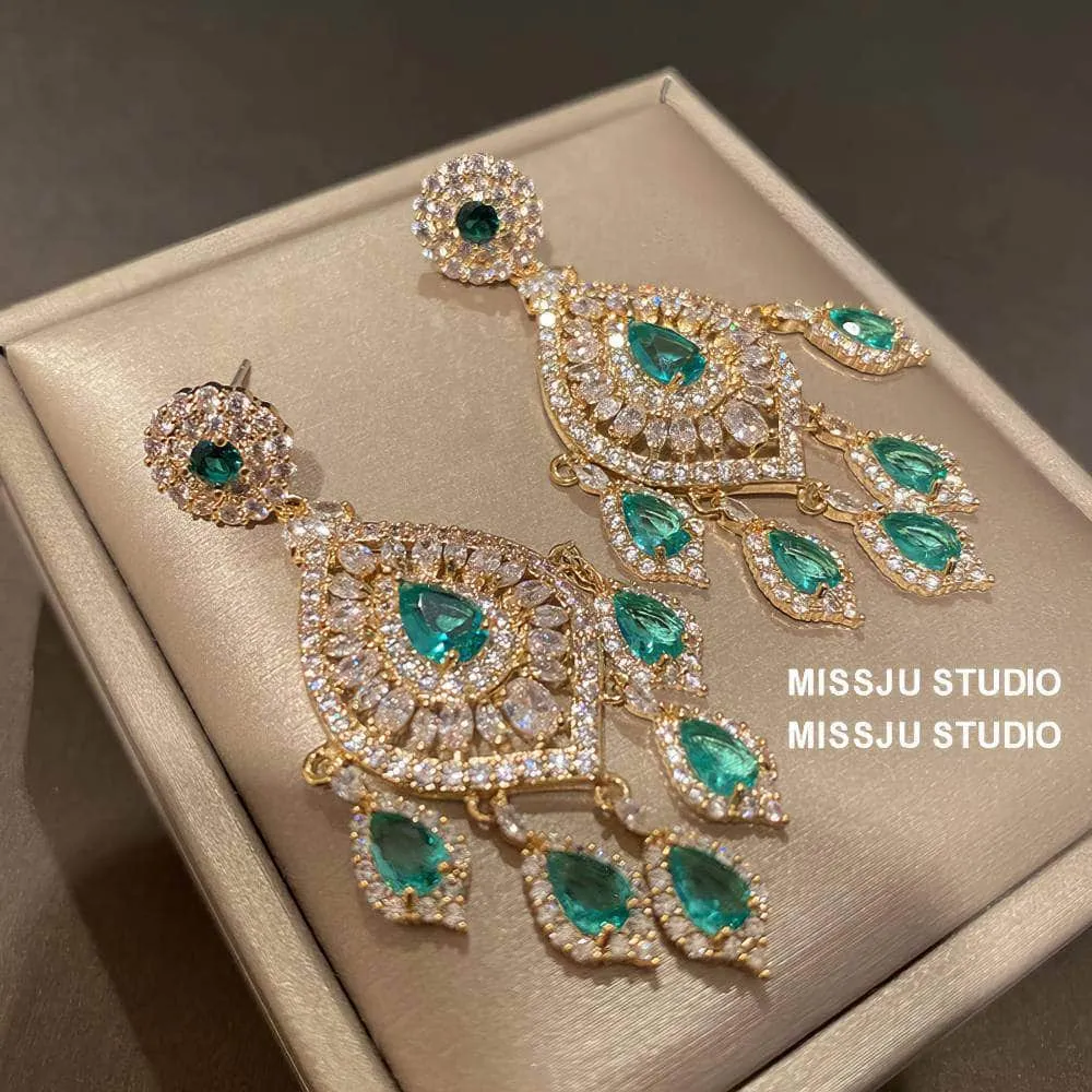 Emerald Rhinestone Chandelier Tassel Earrings