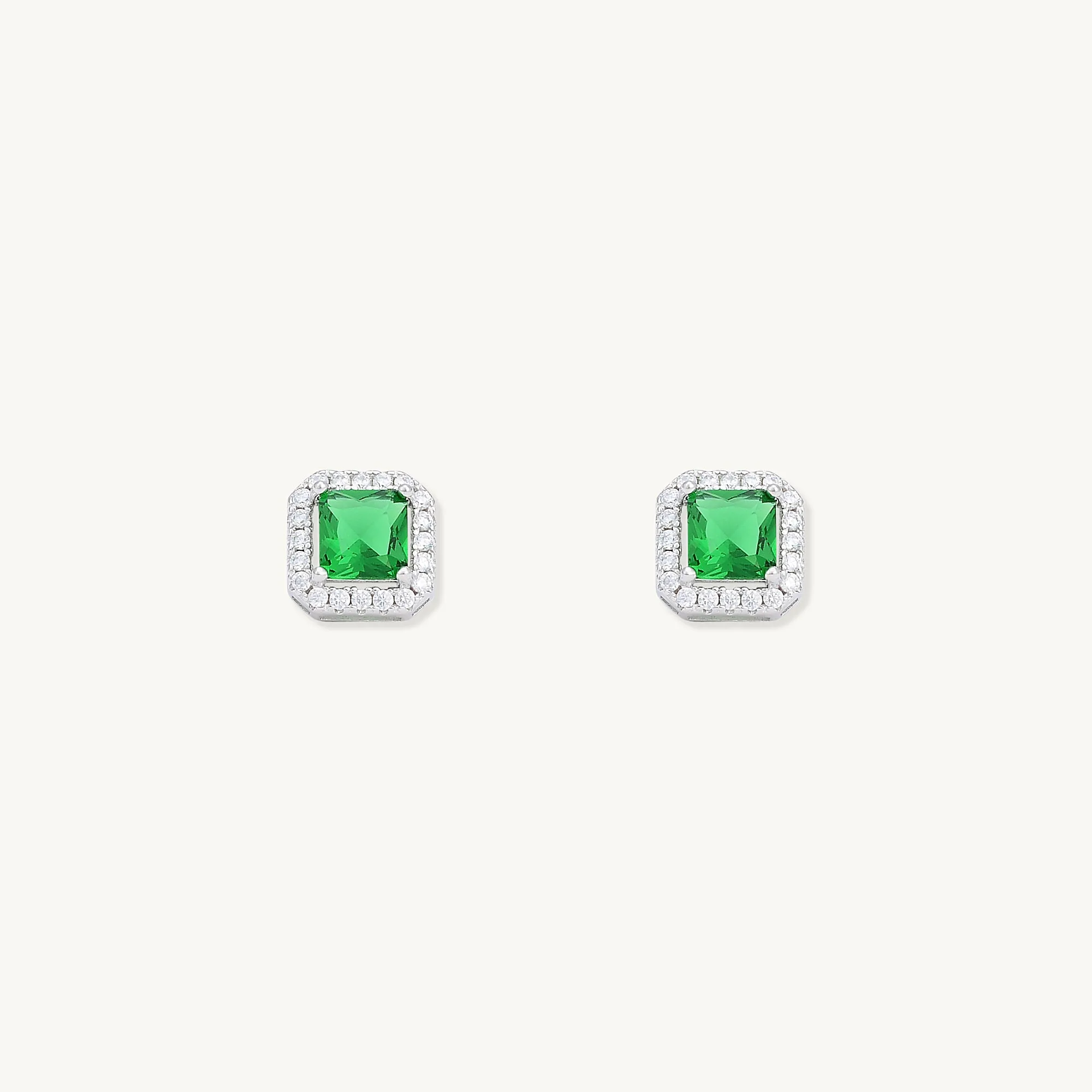 Emerald Square Pave Halo Stud Earrings