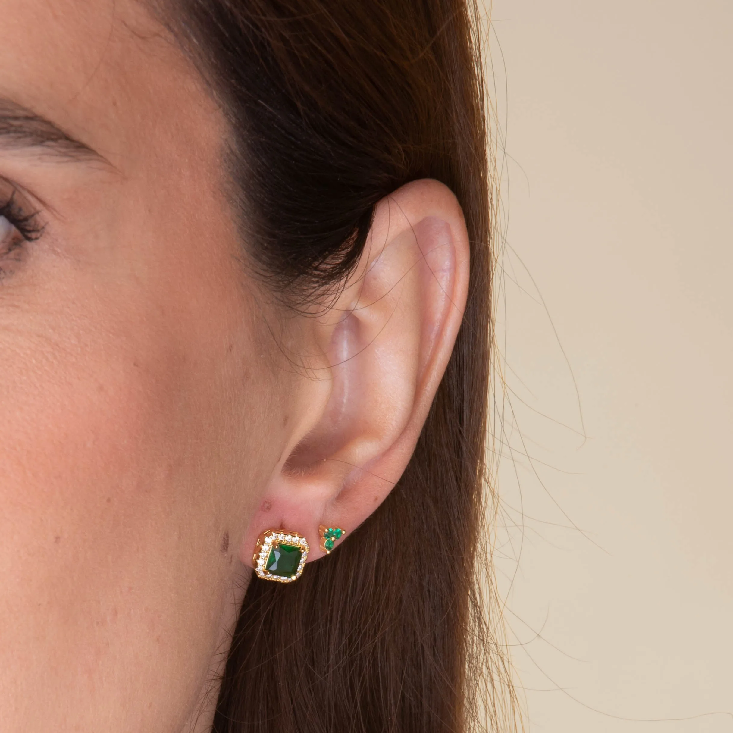 Emerald Square Pave Halo Stud Earrings